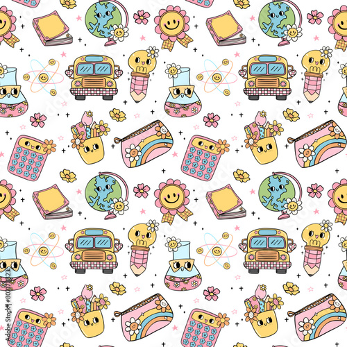 Back to school seamless pattern retro groovy trendy doodle drawing repeating isolated on background.