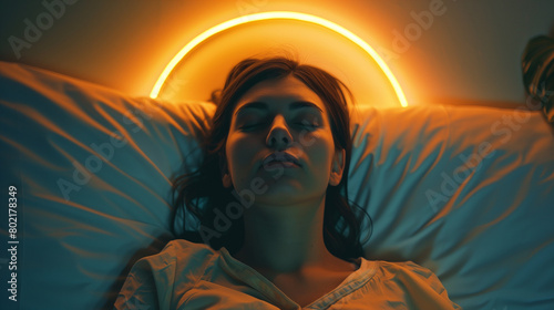 A woman peacefully lying in bed with her eyes closed, accompanied by a glowing semicircle behind her head, evoking a sense of tranquility and inner peace. photo