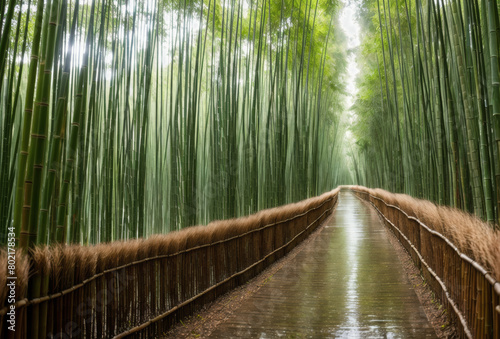 Rainy day on a tranquil path through a bamboo forest, with droplets hanging on leaves. AI generated.