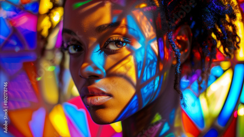A young lady gazes confidently at the camera, framed by the vibrant colors and intricate patterns of a stained glass window in soft morning light.