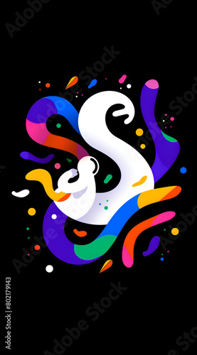 A colorful drawing of a snake with a white head and a pink tail. The snake is surrounded by a lot of colorful shapes and patterns. Generative AI