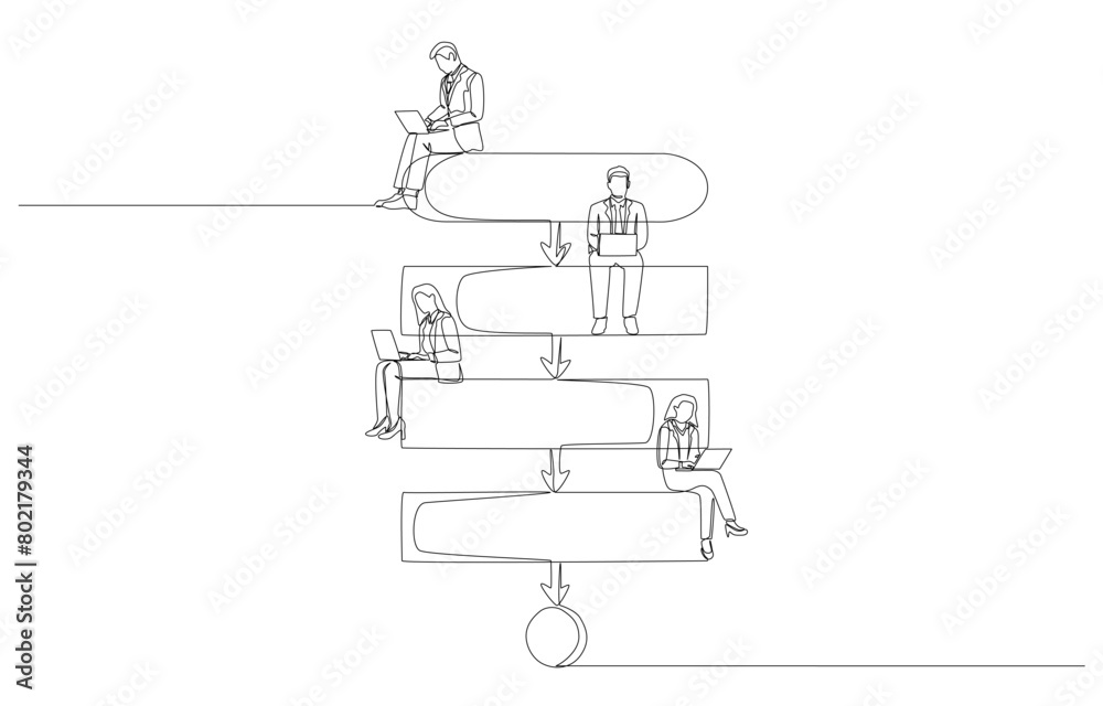 Continuous one line drawing of employees working and sitting on workflow diagram, team workflow concept, single line art.