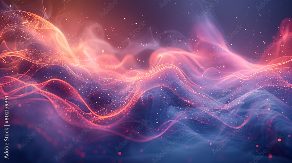 Flowing Abstract Waves in Vibrant Pink and Blue with Sparkling Particles and Soft Textured Gradient