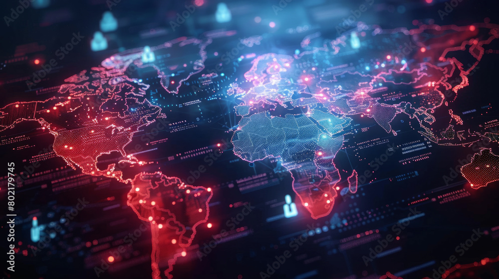Exploration of global security with a focus on international cybersecurity measures, illustrated through a world map and digital locks.