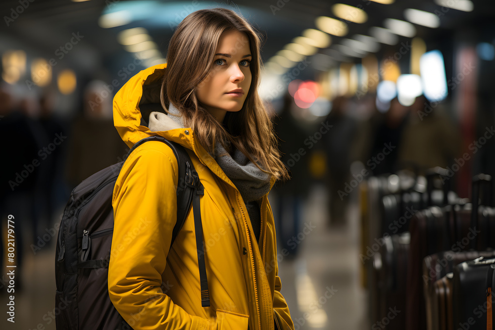 A young woman at international airport over blur background