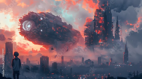 A lone child stands facing a colossal spaceship hovering above the ruins of a dystopian city under a dramatic crimson sky.