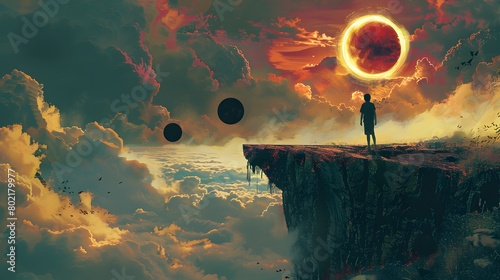 A solitary figure stands on the edge of a cliff, transfixed by the stunning vision of a solar eclipse amidst a fiery sky. photo