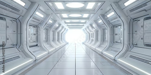 Space station or spaceship sci-fi style corridor white hallway of big futuristic spacecraft Concept of future sci-fi room
