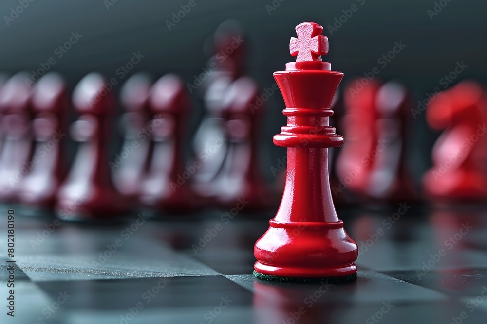 A vibrant red king chess piece in the foreground, sharply focused against a blurred backdrop of other red pieces on a dark chess board A vibrant red king chess piece in the foreground, sharply focused against a blurred backdrop of other red pieces on a dark chess board