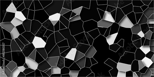 black and white Geometric Broken quartz Modern creative background with shadows. abstract black geometric triangles and mosaic texture. Ceramic tile fragments. Dark black art broken tiles trencadi.