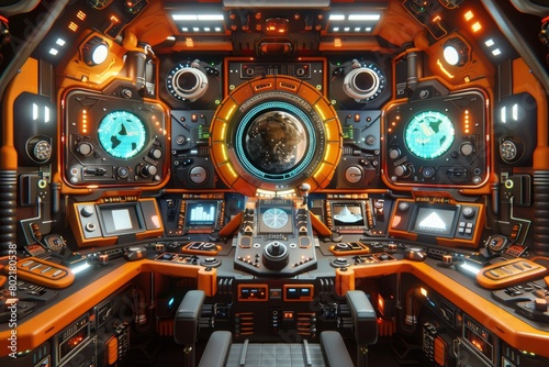 spaceship cockpit interior  control panel  futuristic  orange