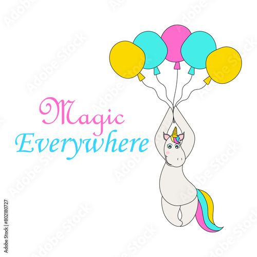 Cute unicorn. Vector hand drawn inspirational vector illustration for print, banner, poster. Magic is everywhere (ID: 802180727)