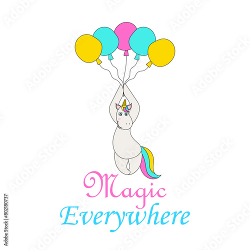 Cute unicorn. Vector hand drawn inspirational vector illustration for print, banner, poster. Magic is everywhere (ID: 802180737)