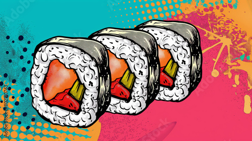 Pop art Sushi. Colorful background in pop art retro comic style. Japanese food photo
