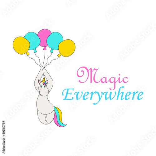 Cute unicorn. Vector hand drawn inspirational vector illustration for print, banner, poster. Magic is everywhere (ID: 802180799)