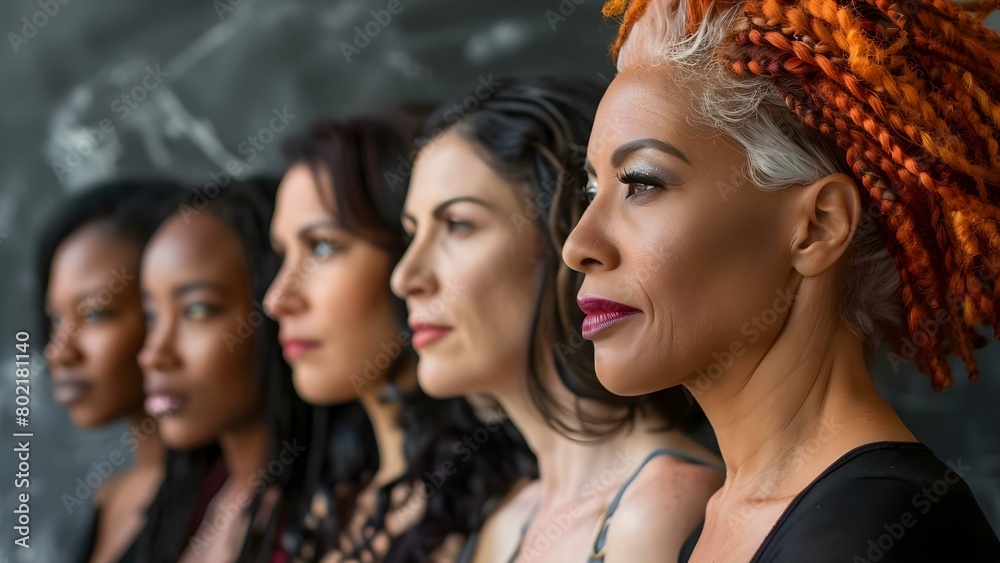 Diverse group of confident women of various ages races and skin tones ...