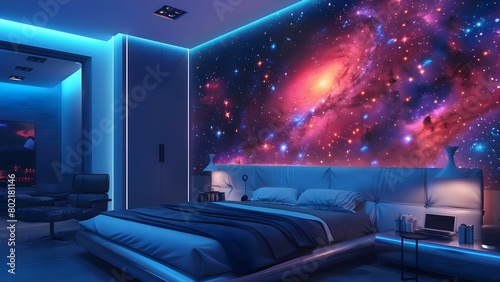 Modern bedroom with 3D neon galaxy wall art tealorange color scheme silver bed . Concept Modern Bedroom, 3D Neon Galaxy Wall Art, Teal & Orange Color Scheme, Silver Bed photo