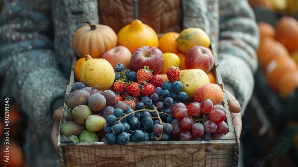 A persons hand gently cradles a new wooden box filled with  types of beautifully arranged fruit, Generated by AI