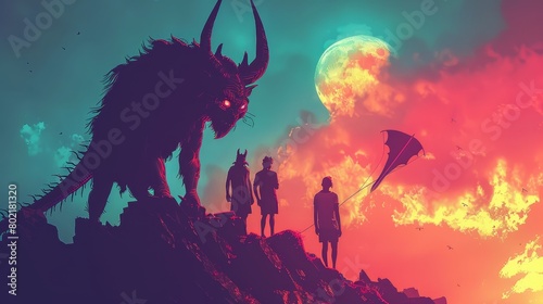 Three silhouettes stand on a cliff as a large ominous creature looms over them.