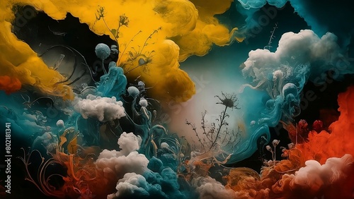 Abstract background with a mix of French Surrealism and British Romanticism  yellow  blue and red colors