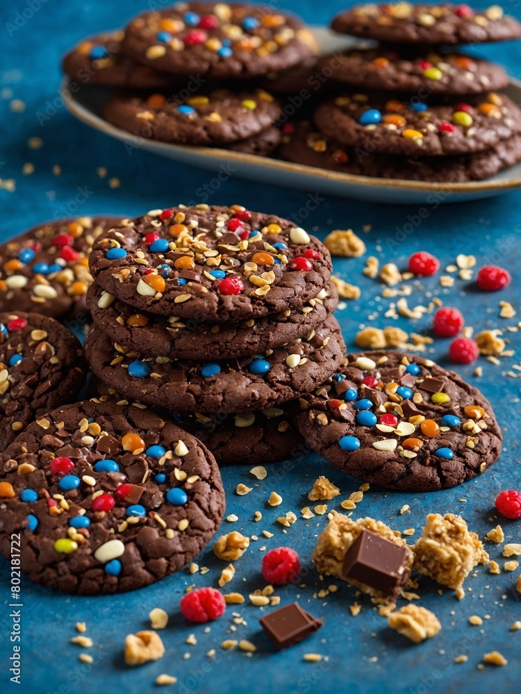 Stack of five chocolate cookies stands tall on blue surface, surrounded by more cookies, both stacked, scattered. Cookies adorned with colorful candies, chocolate chips, nuts, oats.