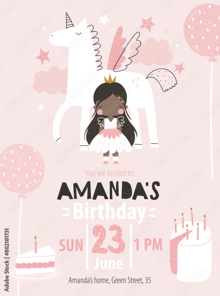 custom made wallpaper toronto digitalVector template children's birthday party invitation. Kids princess unicorn party. Pony. Horse. Baby shower. Baby Girl. Happy Birthday kids card. Newborn. Celebration. Girly delicate pink invitation.