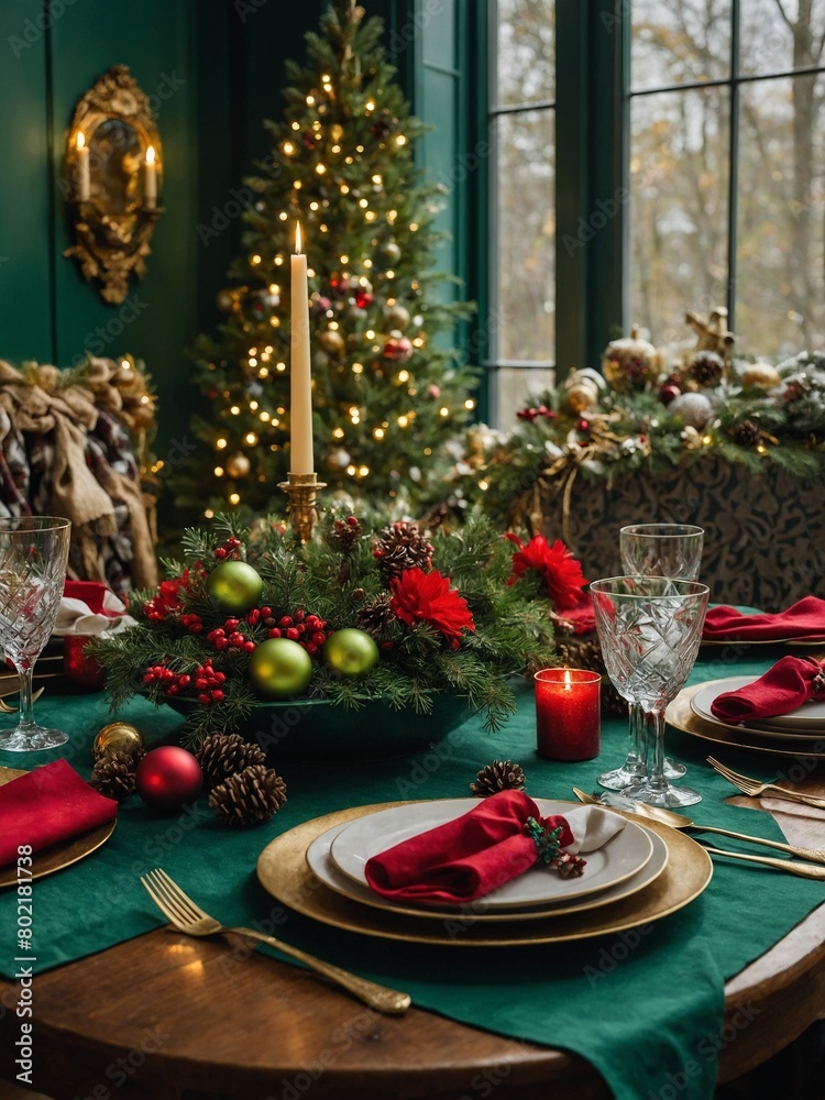 Round wooden table set with green tablecloth, gold chargers, white plates, gold flatware, crystal glasses, red napkins for holiday meal. Round wooden table set with green tablecloth, gold chargers, white plates, gold flatware, crystal glasses, red napkins for holiday meal.