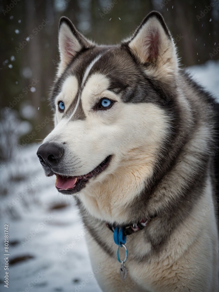Husky dog with piercing blue eyes stands in snowy forest, its mouth slightly open in happy expression. Dog's thick fur mix of white, gray, with distinctive markings on its face.