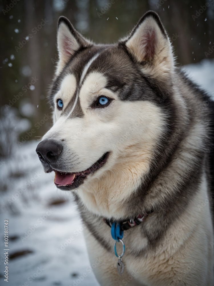 Husky dog with piercing blue eyes stands in snowy forest, its mouth slightly open in happy expression. Dog's thick fur mix of white, gray, with distinctive markings on its face. Husky dog with piercing blue eyes stands in snowy forest, its mouth slightly open in happy expression. Dog's thick fur mix of white, gray, with distinctive markings on its face.