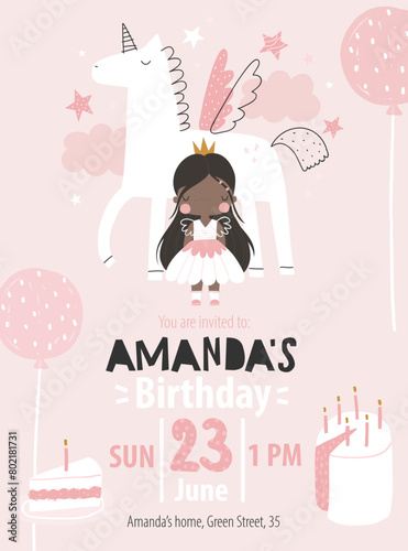 Vector template children's birthday party invitation. Kids princess unicorn party. Pony. Horse. Baby shower. Baby Girl. Happy Birthday kids card. Newborn. Celebration. Girly delicate pink invitation.