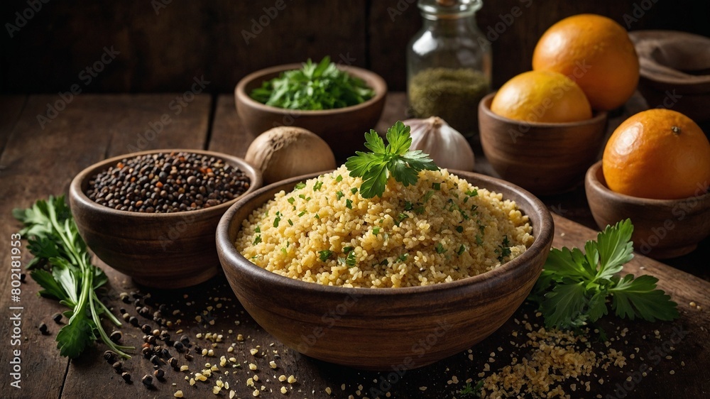 Large wooden bowl filled with cooked couscous sits in center of image, topped with sprig of parsley. Surrounding bowl smaller wooden bowls containing fresh parsley, spices, garlic, oranges.