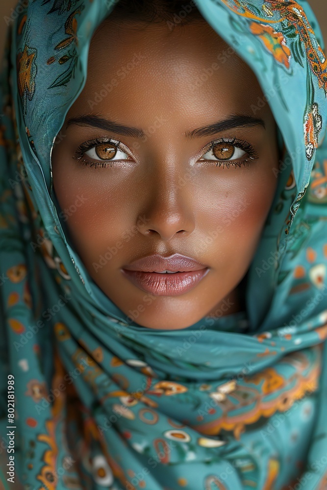 Close-up portrait of a beautiful african american woman wearing headscarf
