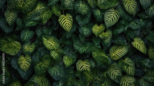 Vibrant collection of leaves creates lush, green tapestry. Deep emerald, lime green hues intertwine as leaves overlap, forming dense, textured surface. Heart-shaped leaves boast prominent veins. photo