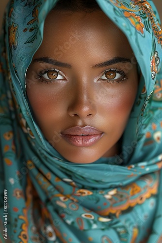 Close-up portrait of a beautiful african american woman wearing headscarf