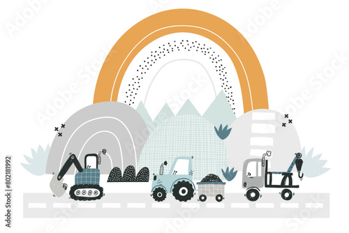Vector kids illustration with cute funny construction machines. Tractor, bulldozer, excavator, truck. Mountains and hills, plants, rainbow. Boho trendy design.. City with cars, road, highway. Nursery.