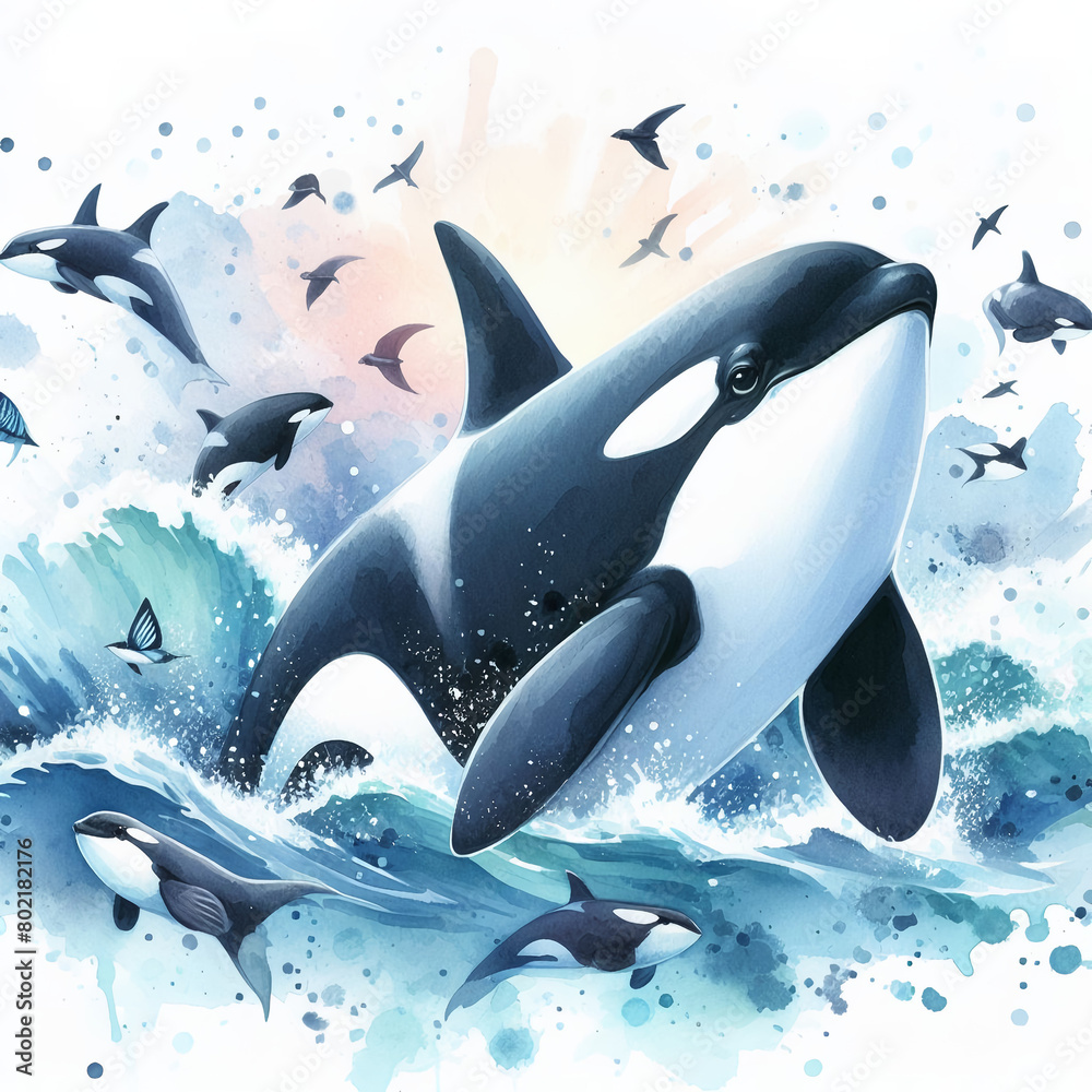 Obraz premium 흰 배경, 범고래 (White background, killer whale)