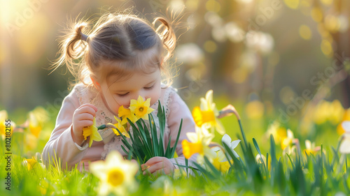 Little girl sitting in field of daffodils photo