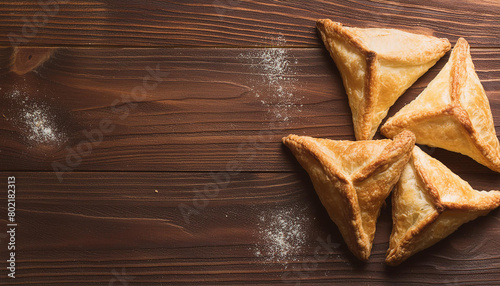 Freshly baked turnovers on brown wooden table. Tasty food. Homemade bakery. Baked goods. Top view.