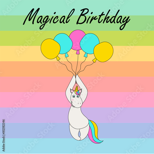 happy birthday card with cute unicorn icon over white background. colorful design. vector illustration (ID: 802182346)