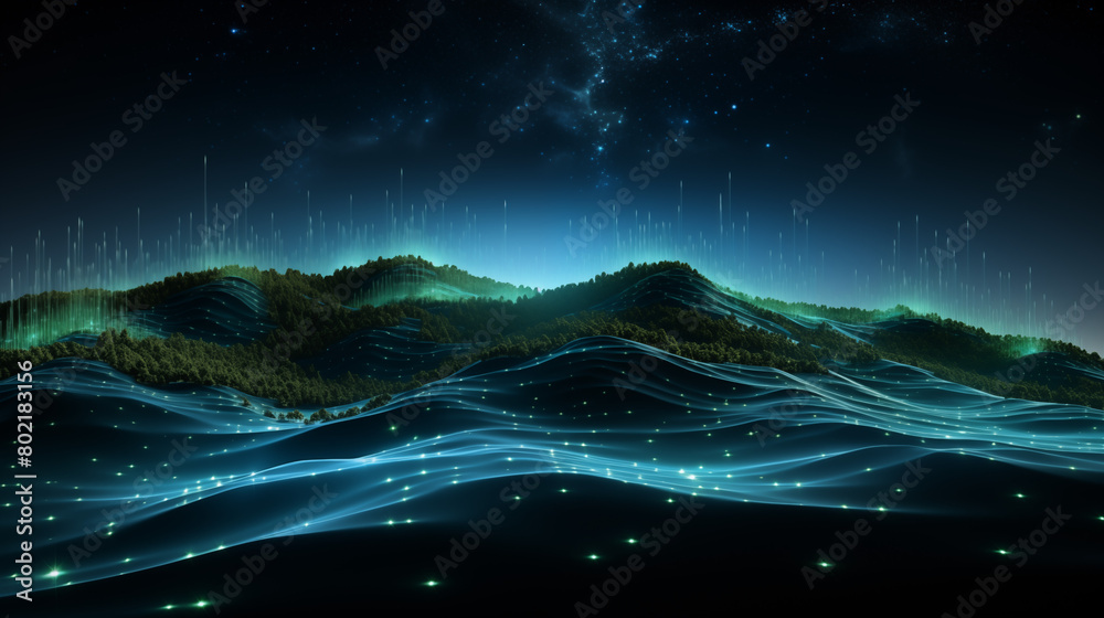Starry Digital Nightscape with Northern Lights over Forested Hills
