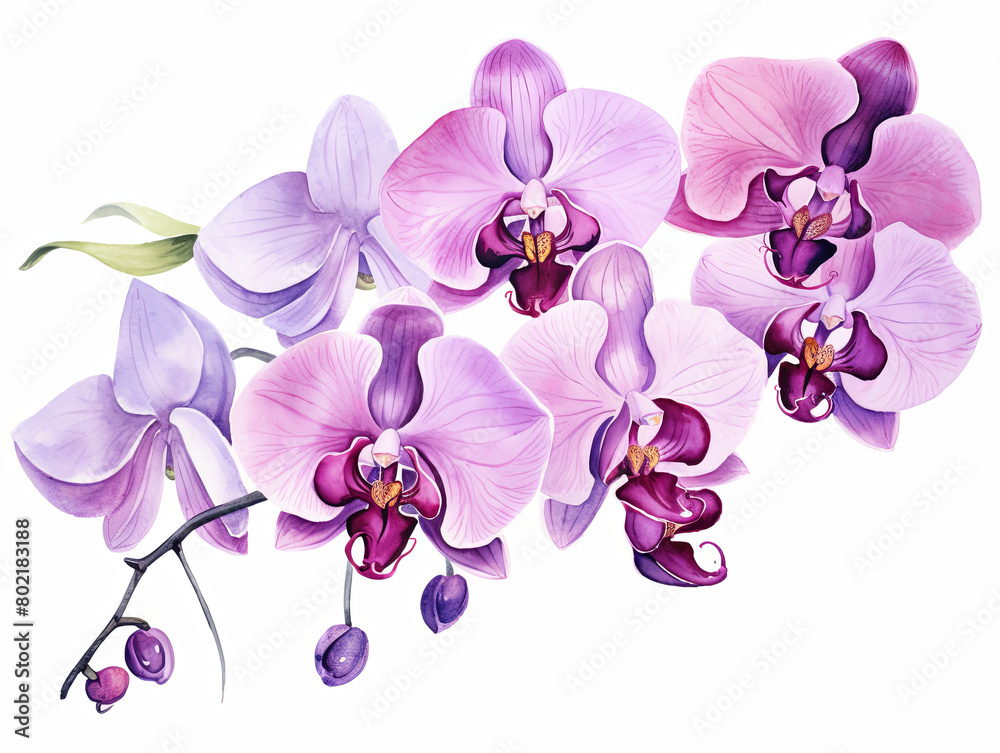 Watercolor painting of A painting of a purple and white orchid with a pink stem Watercolor painting of A painting of a purple and white orchid with a pink stem
