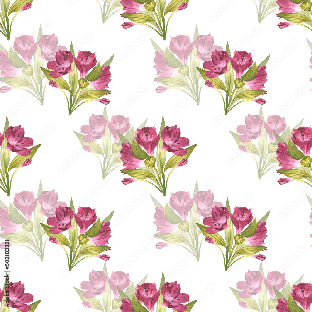 Alstroemeria. Beautiful Peruvian Lilly. Seamless pattern of pink flowers with greenery. Watercolor illustration of ornament for background design, textile, packaging