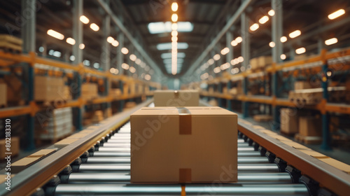 Efficient movement of boxes in a bustling warehouse using dynamic conveyor system. © ChubbyCat