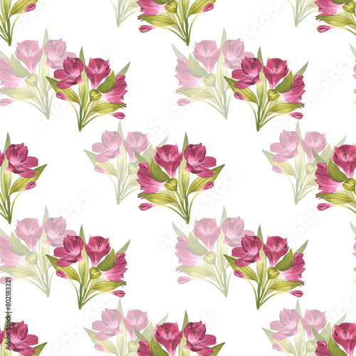 Alstroemeria. Beautiful Peruvian Lilly. Seamless pattern of pink flowers with greenery. Watercolor illustration of ornament for background design  textile  packaging