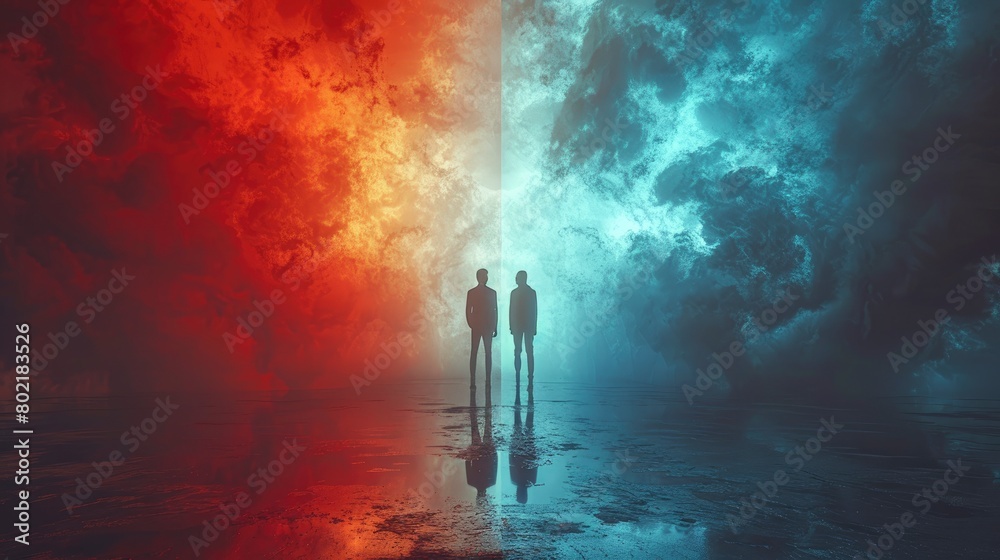 Minimalist background, two people standing opposite each other facing the camera, with contrasting colors on one side and light blue tones on another