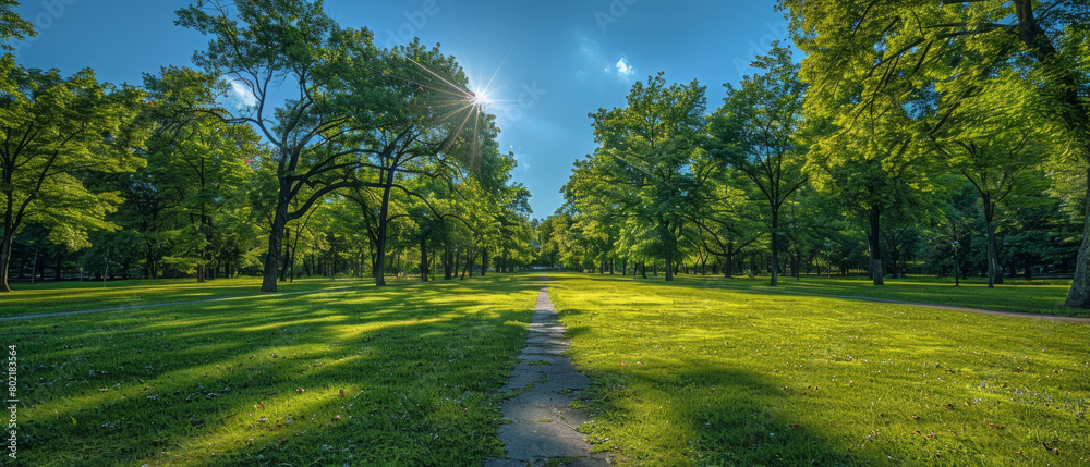 Obraz premium Capturing the beauty and tranquility of a public park through a low angle view, showcasing the trees and walk paths