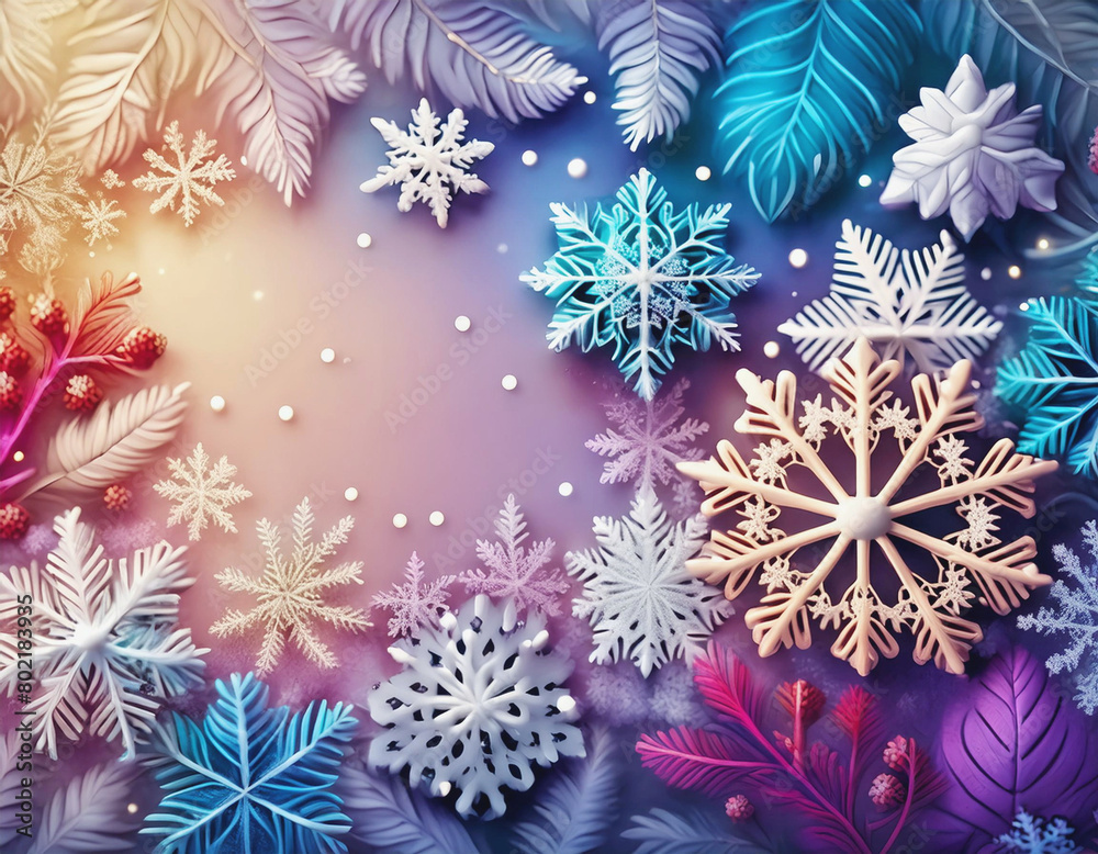 Border of Snowflake Purples, Blues, Tans Illustration AI