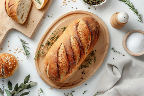 handcrafted artisan bread loaves on wooden platter, top view