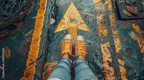 A top view of young woman's feet in sneakers standing on the asphalt road with yellow arrow sign, blurred background