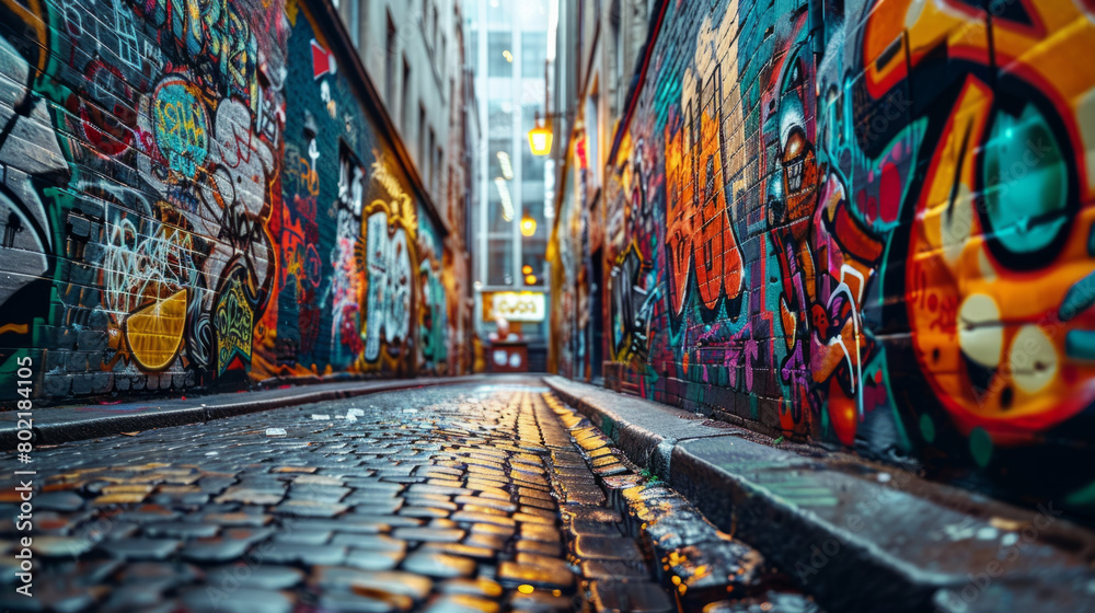 Vibrant and colorful graffiti covering an entire alleyway during the daytime, displaying various shapes and designs that are visually striking and attention-grabbing.